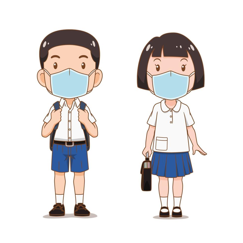 Cartoon character of Boy and Girl student wearing hygienic mask. vector