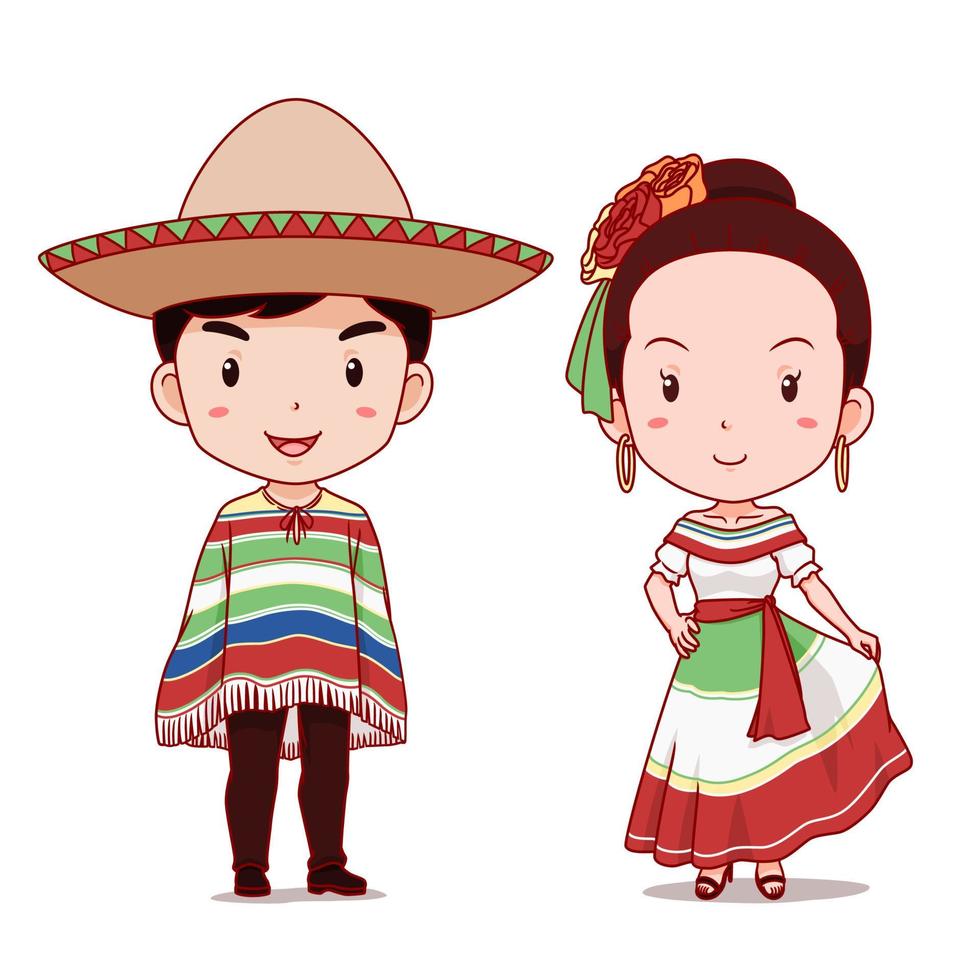 Cute couple of cartoon characters in Mexican traditional costume. vector