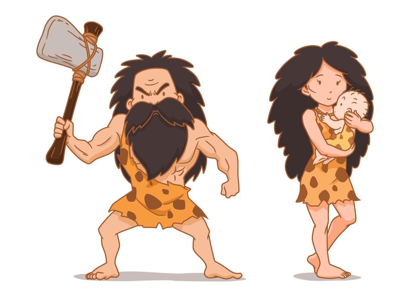 Cartoon character of caveman holding stone axe and cavewoman carrying baby. vector