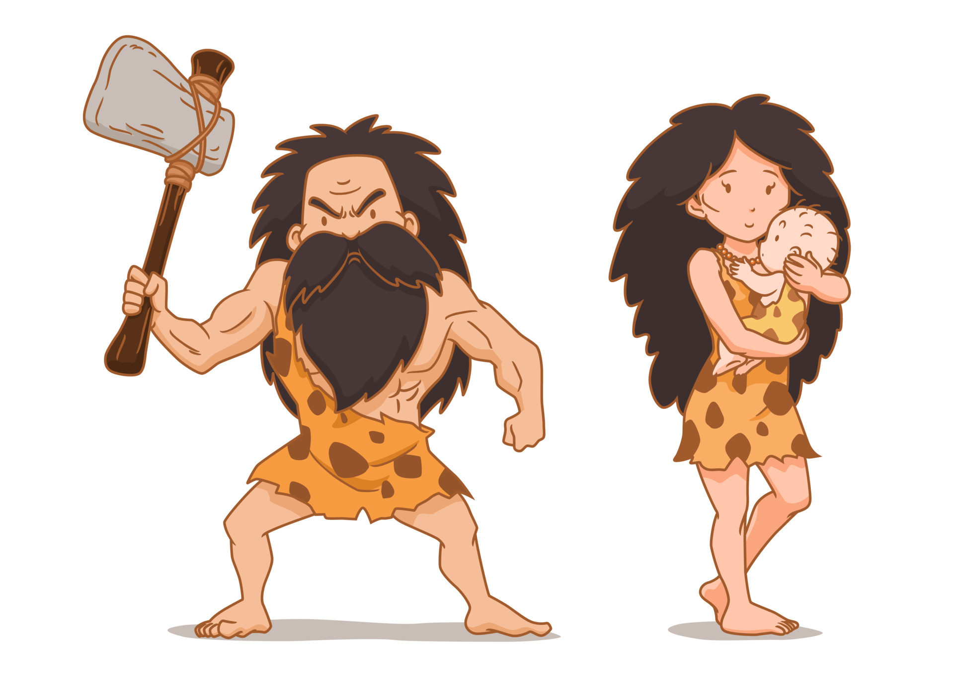 Cartoon character of caveman holding stone axe and cavewoman carrying