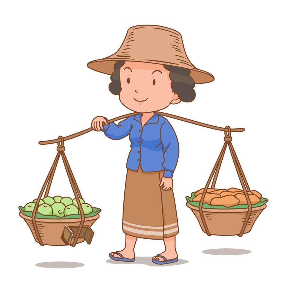 personaje de dibujos animados del vendedor ambulante tailandés llevando cestas de frutas. vector