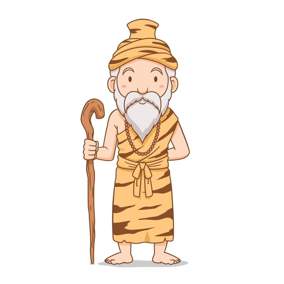Cartoon character of old hermit holding staff. vector