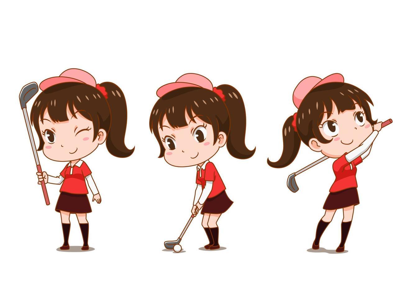 personaje de dibujos animados de niña jugando al golf. vector