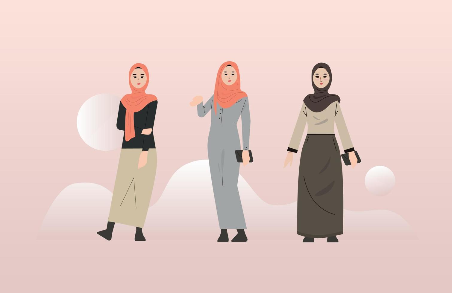 illustration of muslim woman wearing hijab in various poses vector