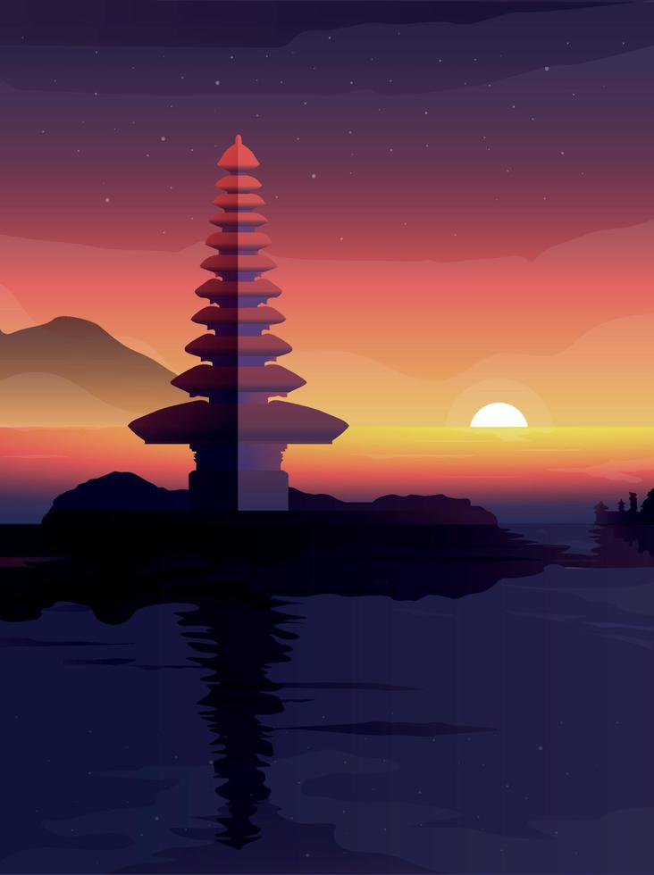 paisaje de bali con templo y puesta de sol vector