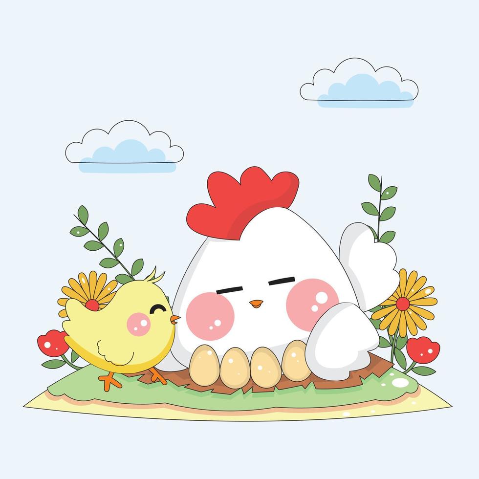 cute chicken incubating eggs vector