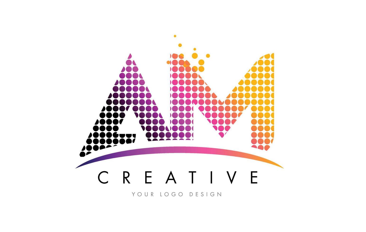 AM A M Letter Logo Design with Magenta Dots and Swoosh vector