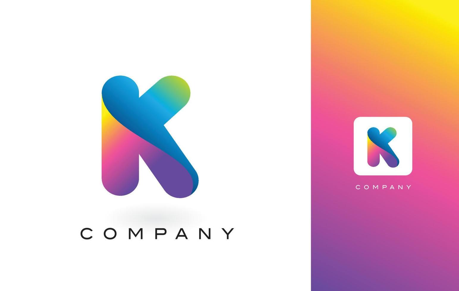 Letra del logotipo k con colores hermosos vibrantes del arco iris. K letras coloridas de moda logotipo morado y magenta. vector