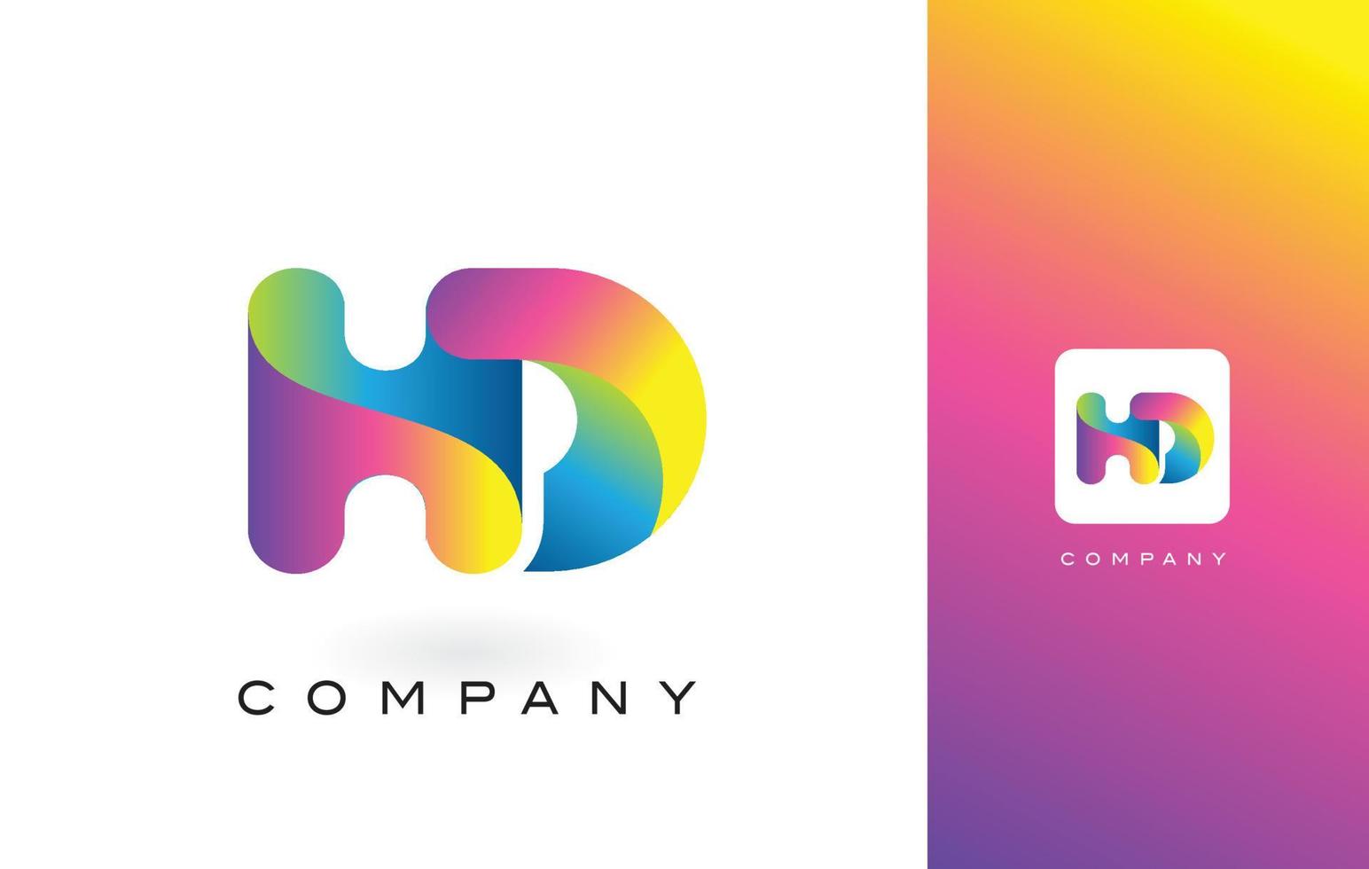 Letra del logotipo de HD con hermosos colores vibrantes del arco iris. colorido vector de letras moradas y magentas de moda.