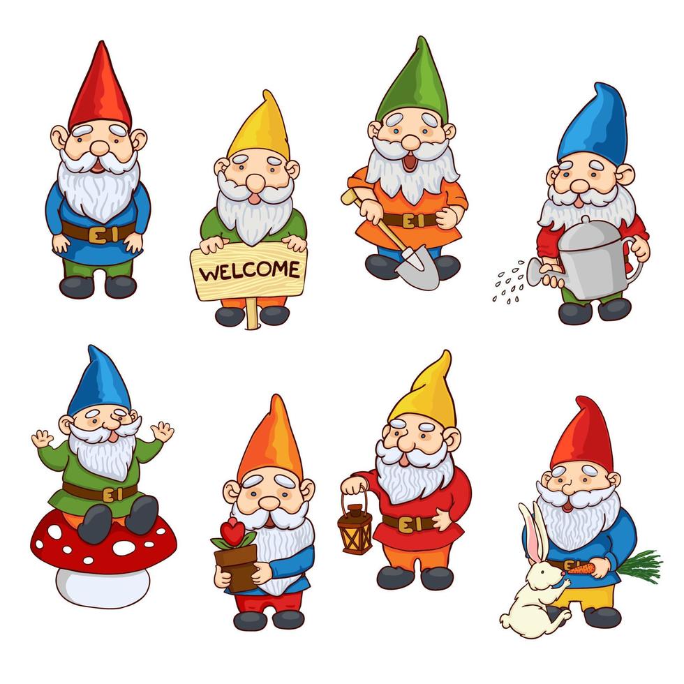 Vector colorful collection illustrations of garden gnome. Set of cute fairytale characters