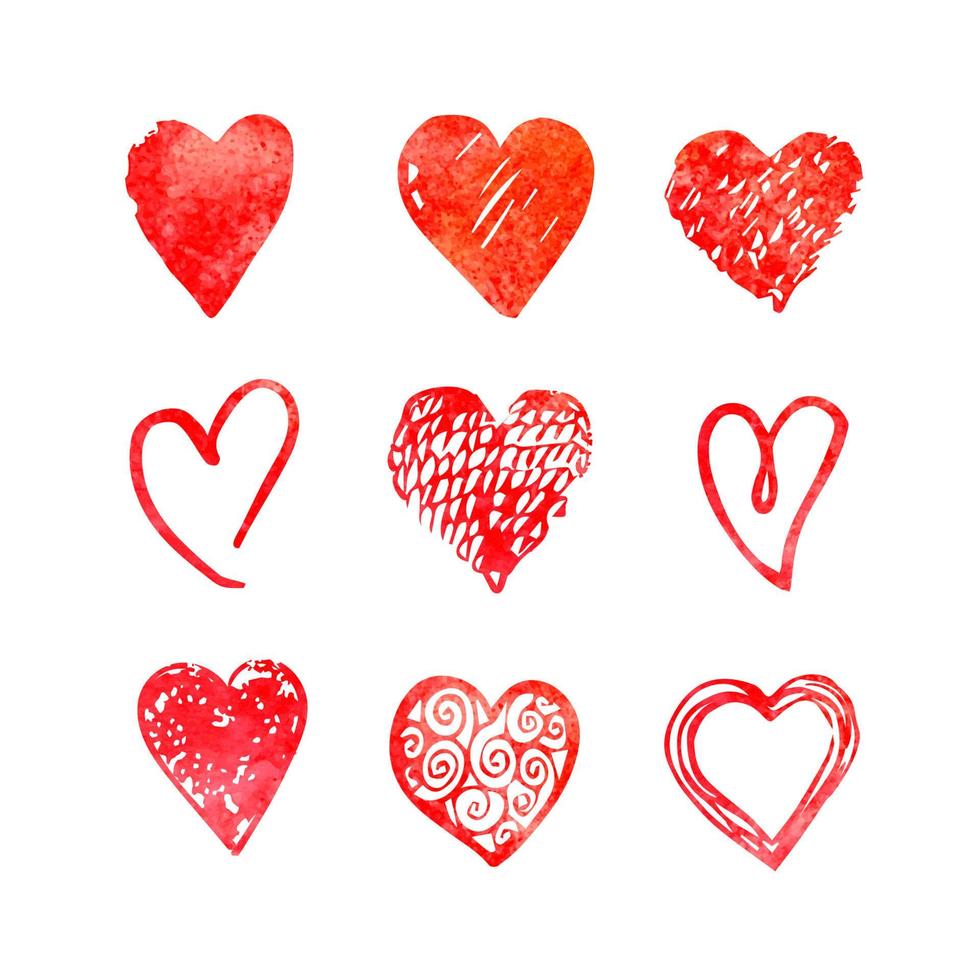 Vector red hand drawn watercolor set with hearts. Design elements for Valentine day.