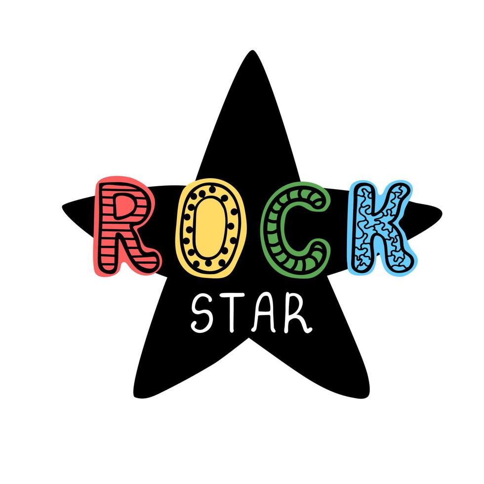 ilustración vectorial con letras dibujadas a mano - estrella de rock. diseño de tipografía colorida en estilo escandinavo para postal, pancarta, estampado de camiseta, invitación, tarjeta de felicitación, póster vector