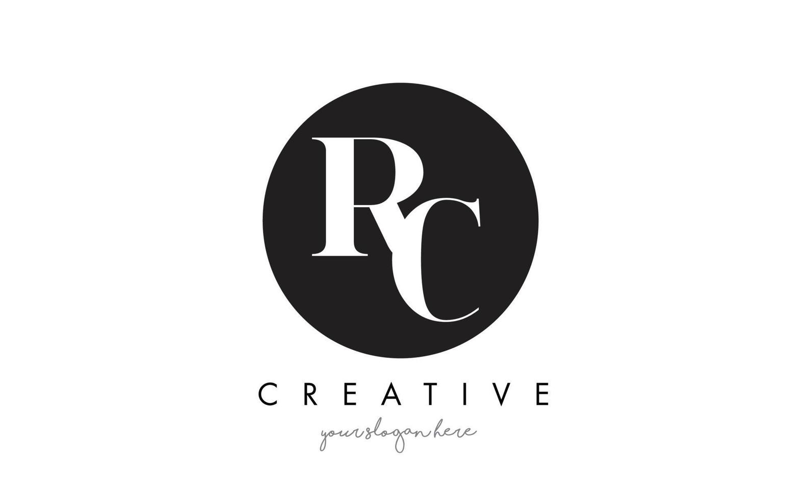 Diseño de logotipo de letra rc con círculo negro y fuente serif. vector