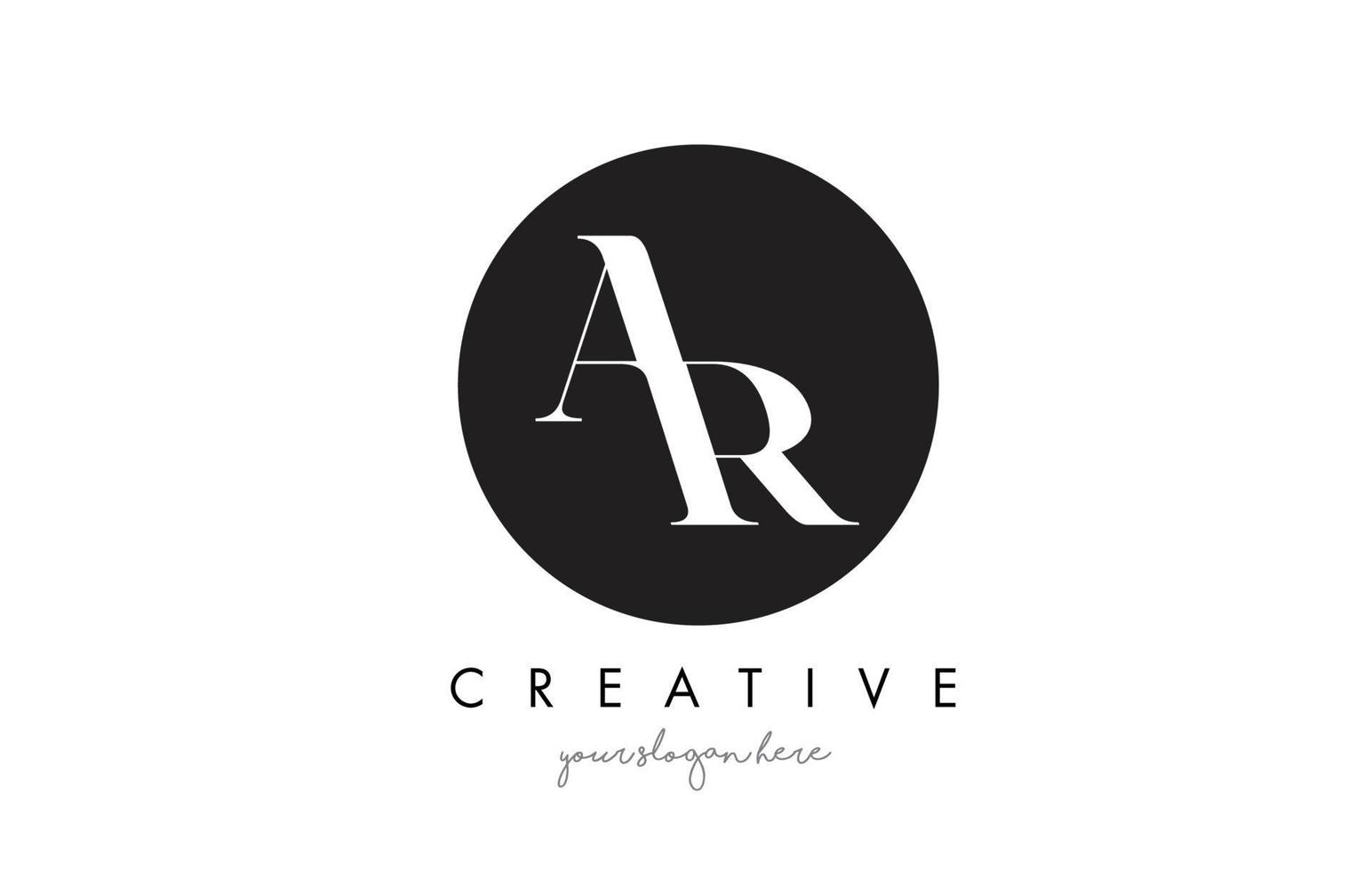 Diseño de logotipo de letra AR con círculo negro y fuente serif. vector