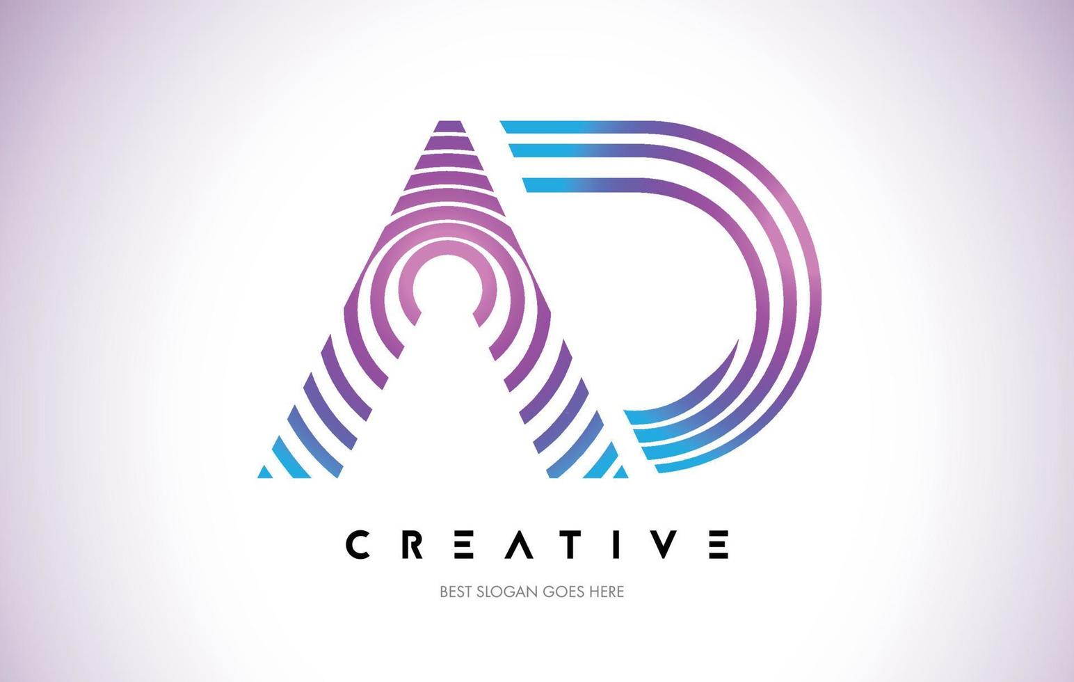 AD Lines Warp Logo Design. Letter Icon Made with Purple Circular Lines. vector