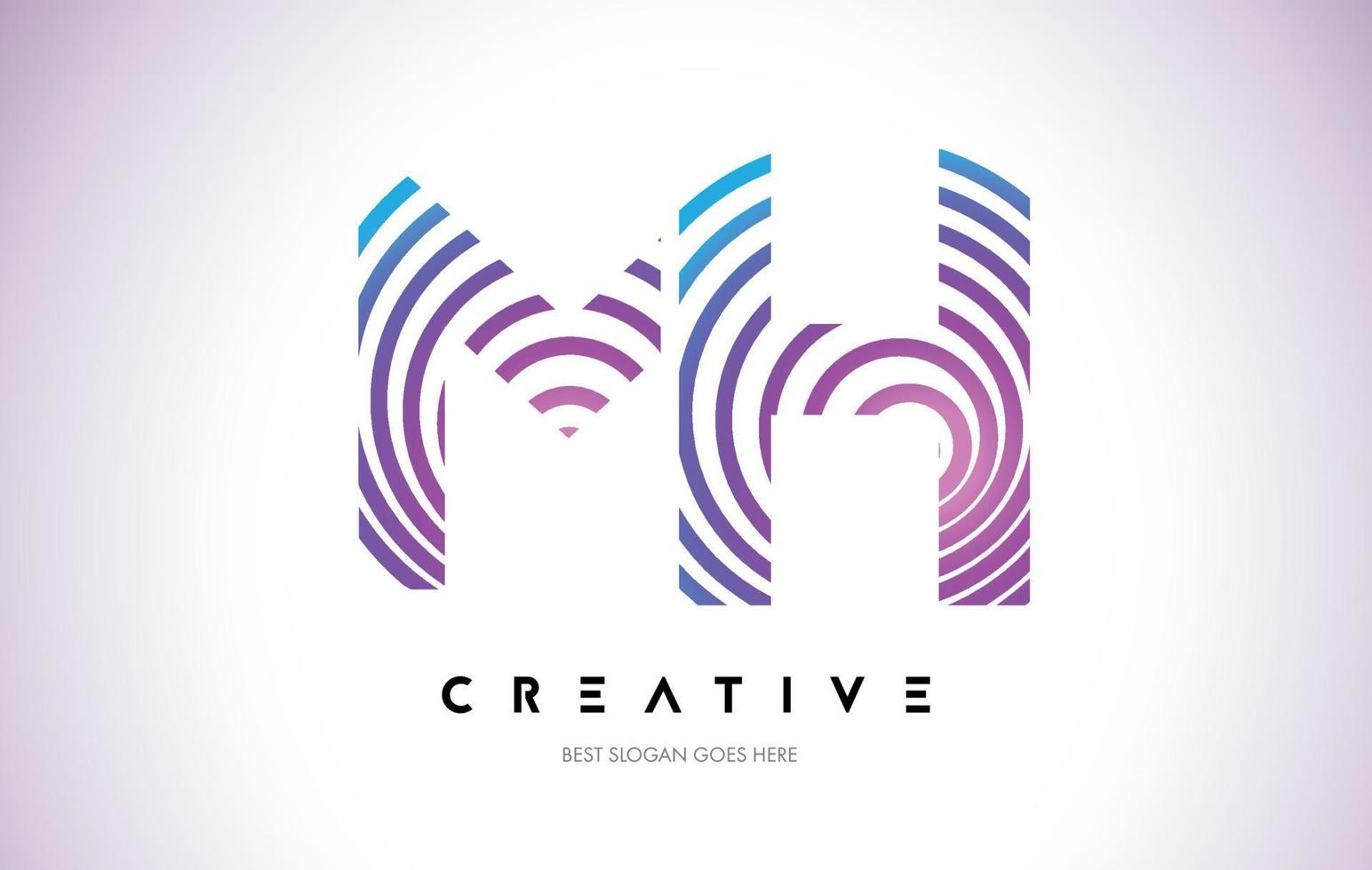 MH Lines Warp Logo Design. Letter Icon Made with Purple Circular Lines. vector