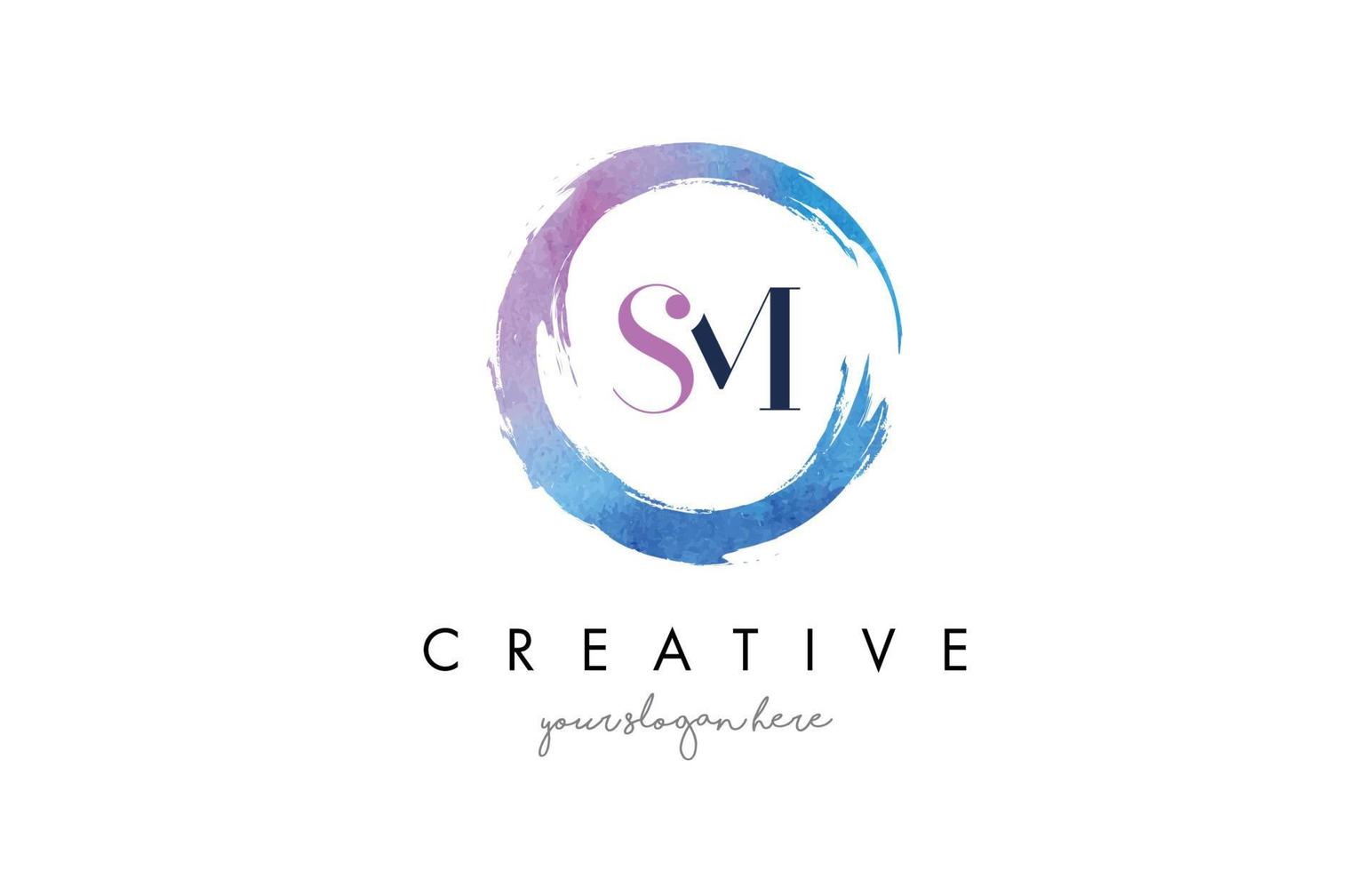 SM Letter Logo Circular Purple Splash Brush Concept. vector