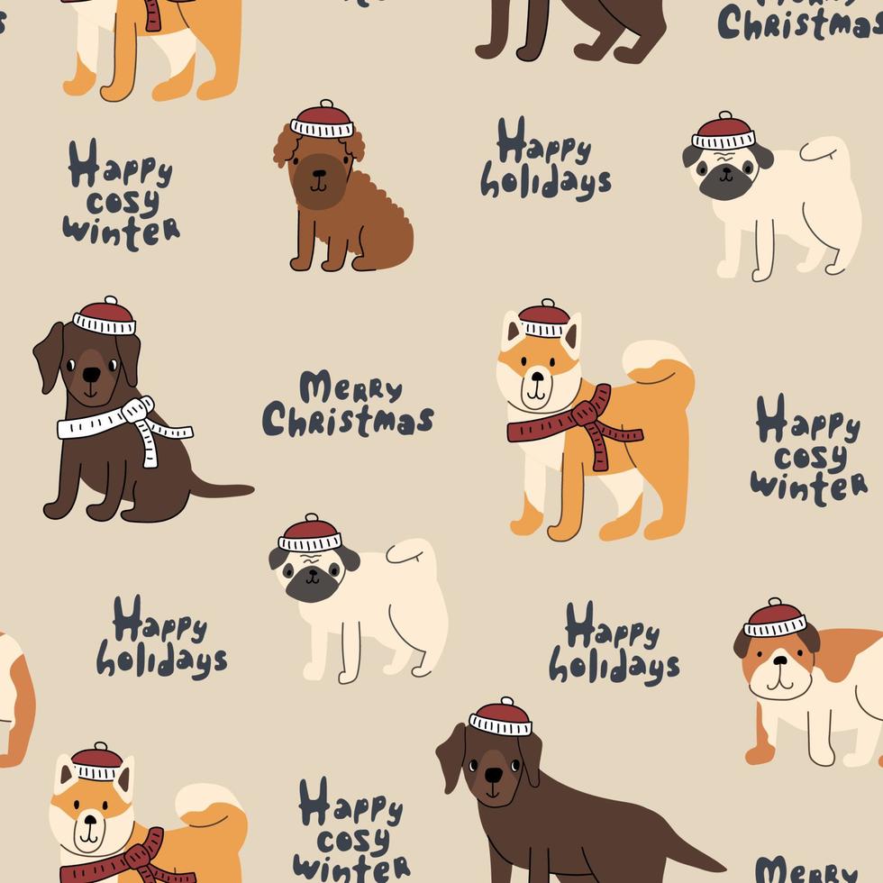 patrón sin costuras de perros en invierno de punto rojo blanco sombreros y bufandas, letras, regalos. labrador retriever, cachorro caniche, buldog, akita inu, pug. ilustración vectorial en tiempo de navidad vector