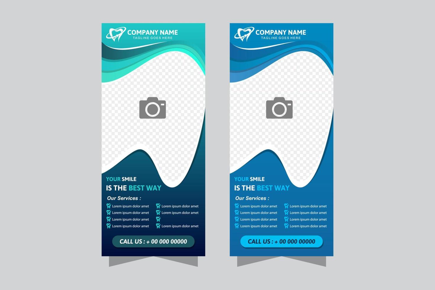 banner vertical de cuidado dental, dentista y diente con instrumentos médicos y diente para foto en fondo de color azul y verde. concepto de higiene y tratamiento dental vector