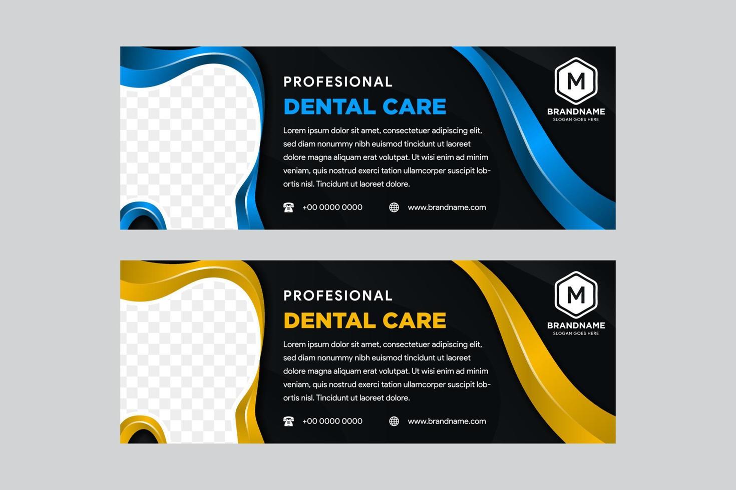 Dental Care Header, Banner Design. Horizontal banner. Modern abstract background. Dental shape for photo space. blue, gold, and black colors. vector