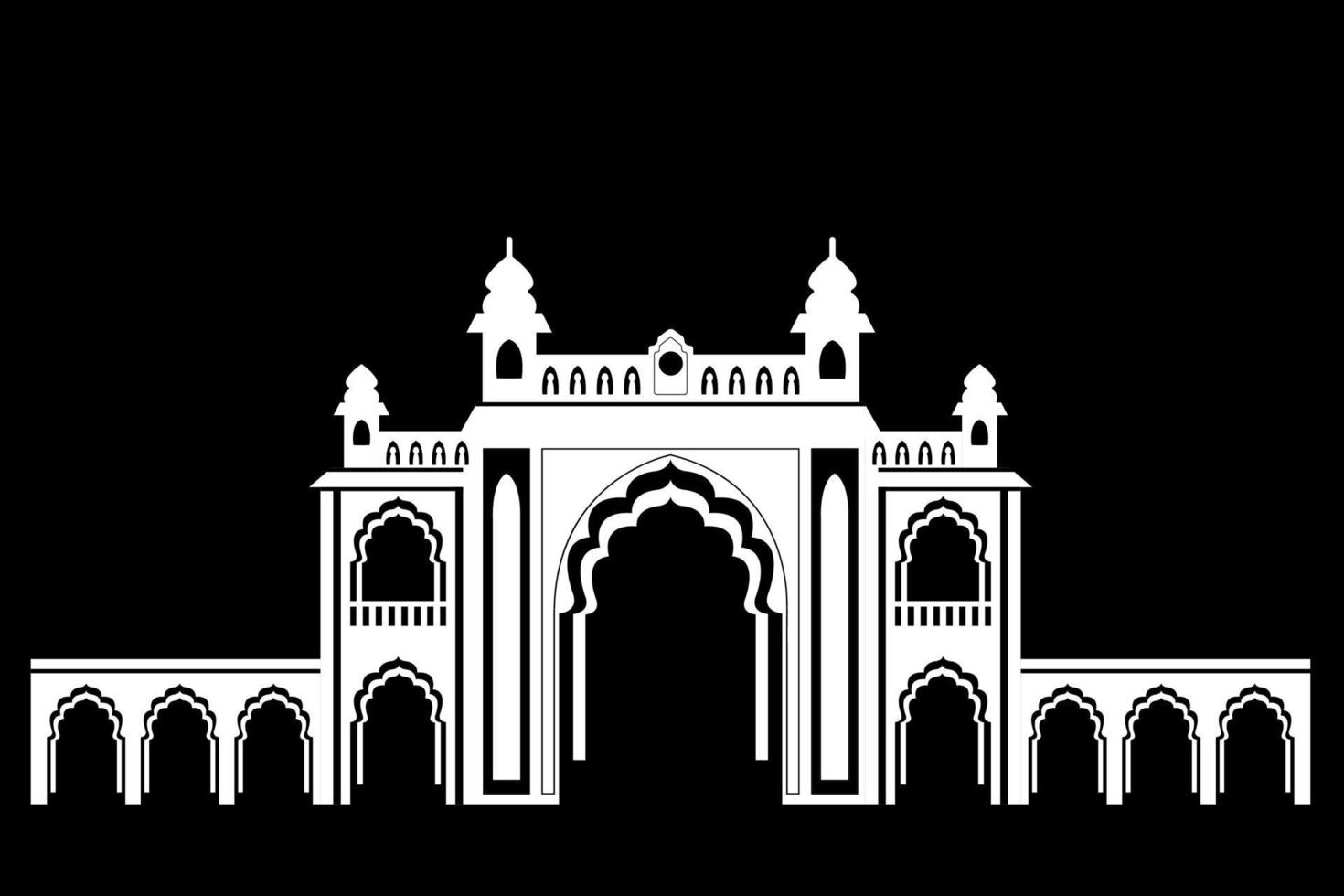 Entrance to the Indian Palace, flat illustration in black and white colors, isolated on black background vector