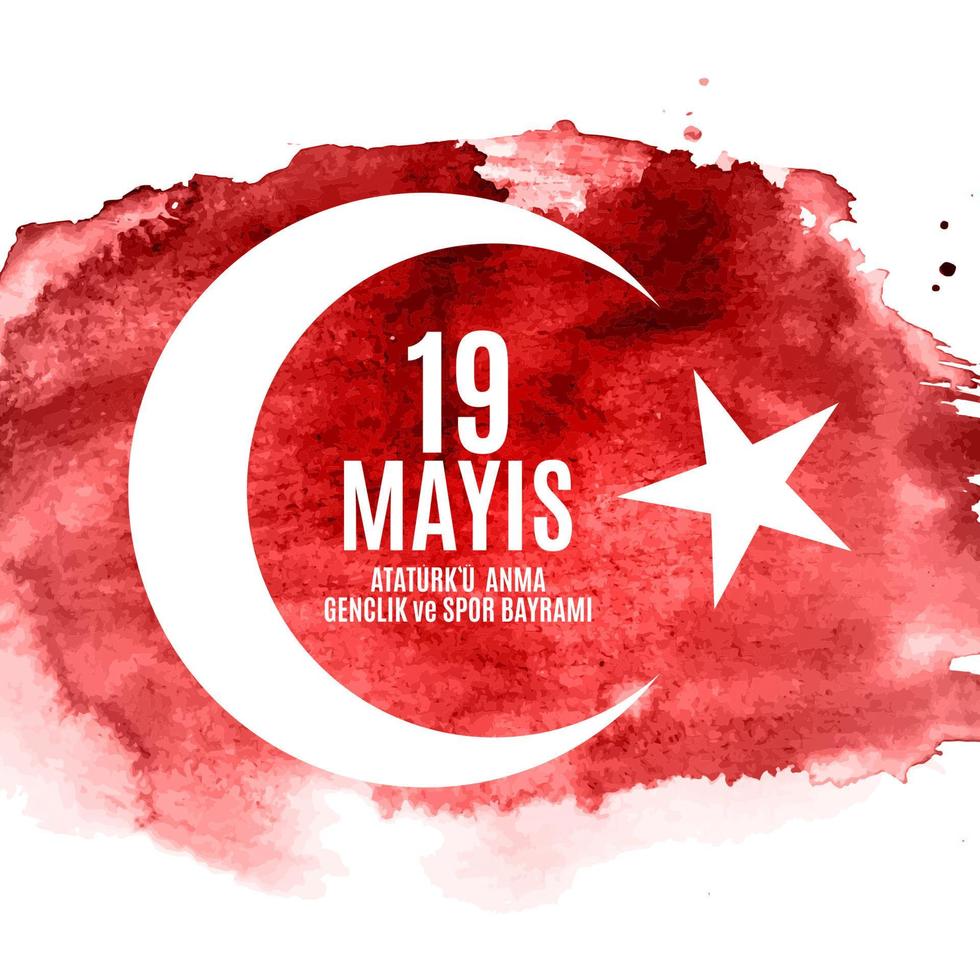 19th may commemoration of Ataturk, youth and sports day. Turkish Speak 19 mayis Ataturku anma, genclik ve spor bayrami.  Turkish holiday greeting card. Vector Illustration