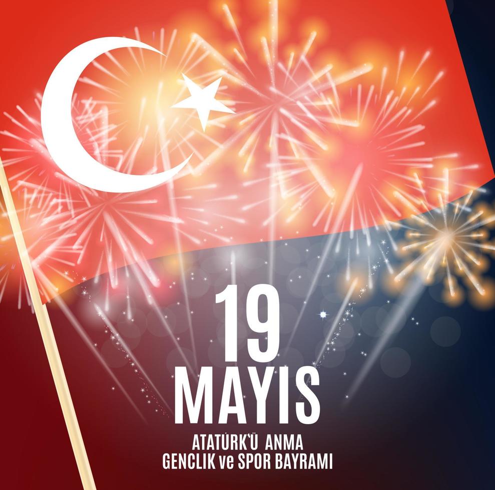 19th may commemoration of Ataturk, youth and sports day. Turkish Speak 19 mayis Ataturku anma, genclik ve spor bayrami.  Turkish holiday greeting card. Vector Illustration