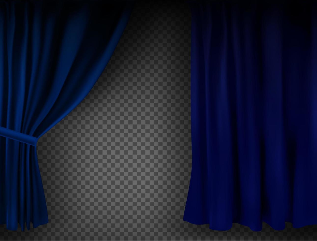 Realistic colorful blue velvet curtain folded on a transparent background. Option curtain at home in the cinema. Vector Illustration