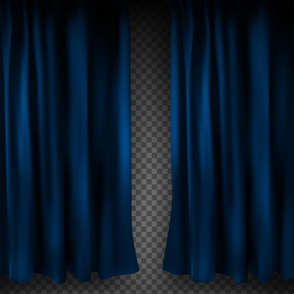 Realistic colorful blue velvet curtain folded on a transparent background. Option curtain at home in the cinema. Vector Illustration