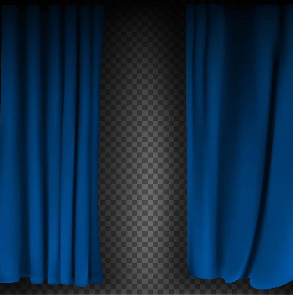 Realistic colorful blue velvet curtain folded on a transparent background. Option curtain at home in the cinema. Vector Illustration