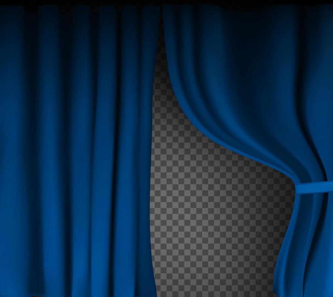 Realistic colorful blue velvet curtain folded on a transparent background. Option curtain at home in the cinema. Vector Illustration