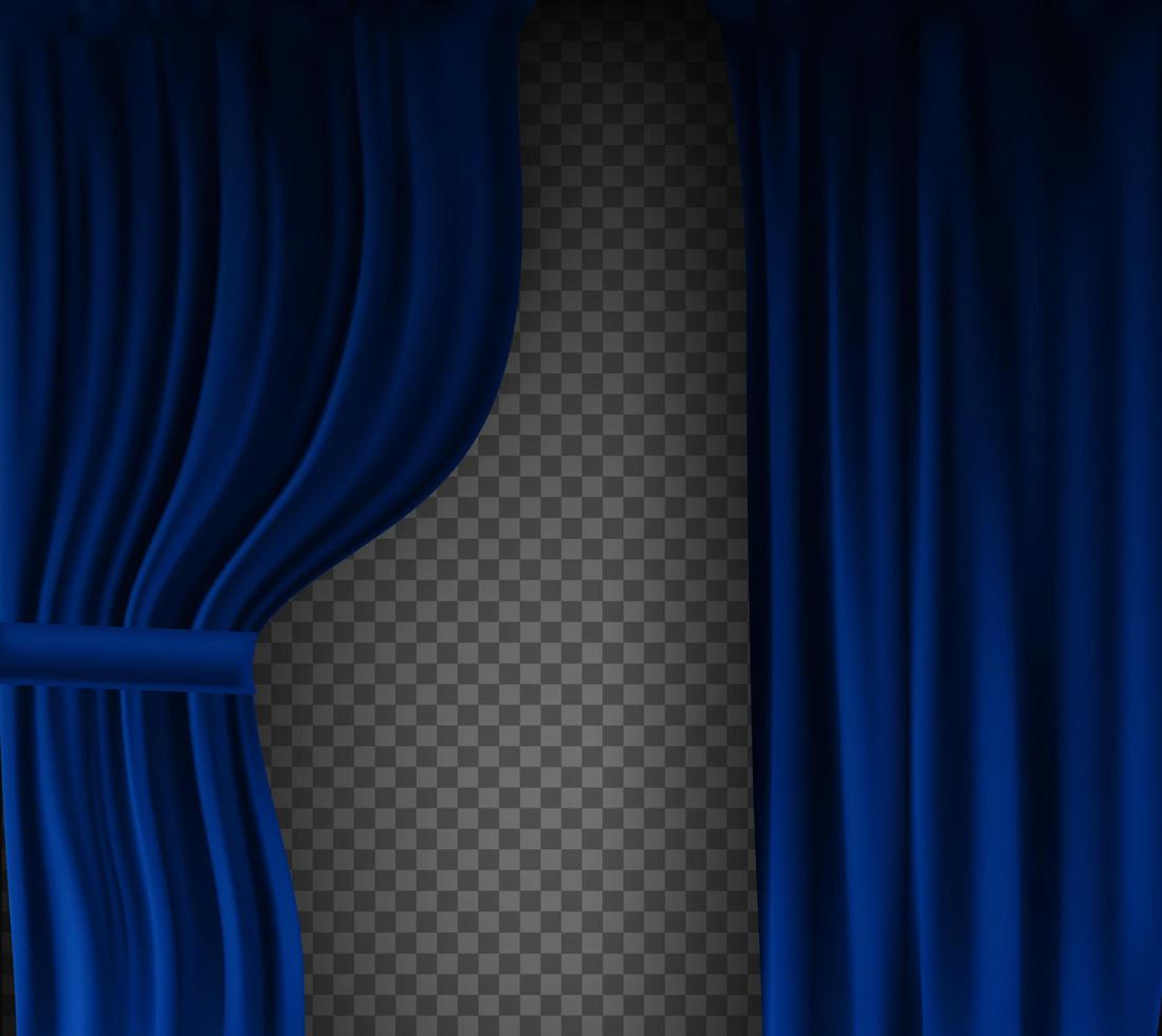 Realistic colorful blue velvet curtain folded on a transparent background. Option curtain at home in the cinema. Vector Illustration