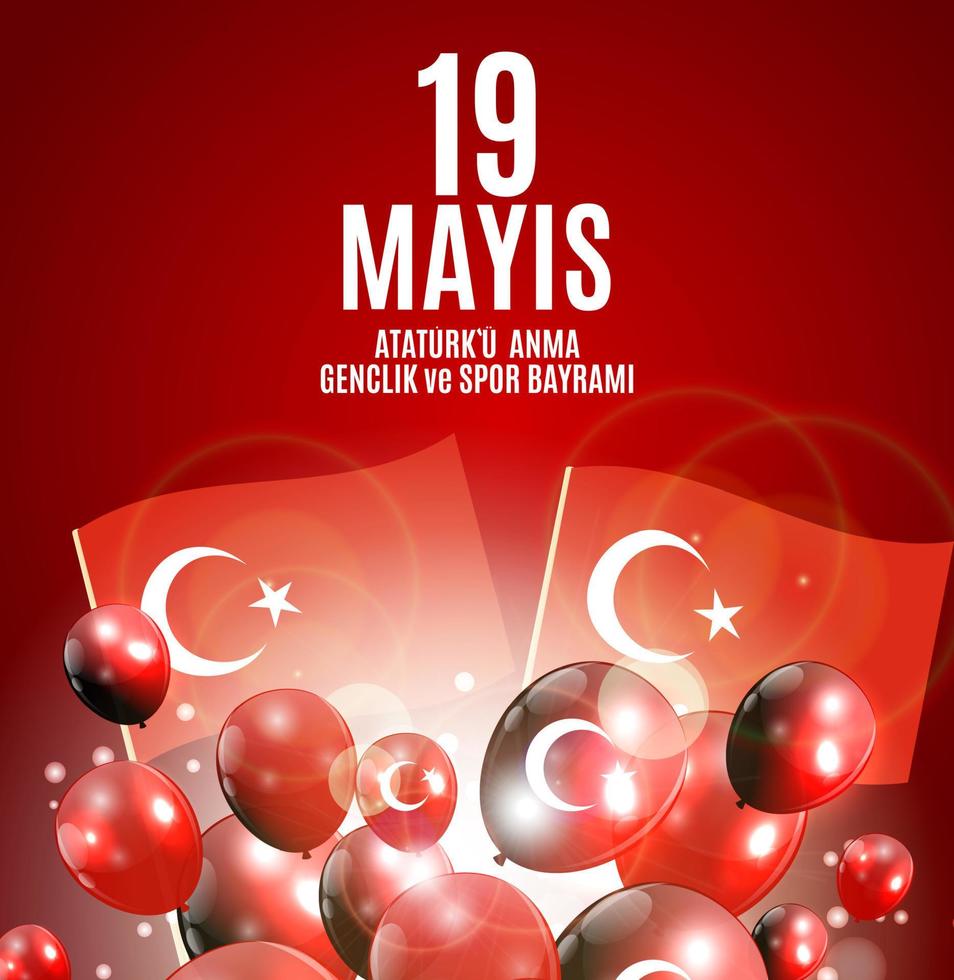 19th may commemoration of Ataturk, youth and sports day. Turkish Speak 19 mayis Ataturku anma, genclik ve spor bayrami. Turkish holiday greeting card. Vector Illustration