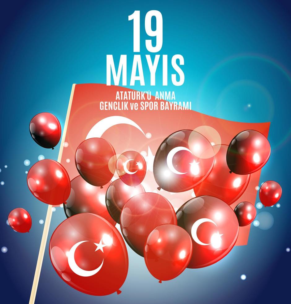 19th may commemoration of Ataturk, youth and sports day. Turkish Speak 19 mayis Ataturku anma, genclik ve spor bayrami. Turkish holiday greeting card. Vector Illustration