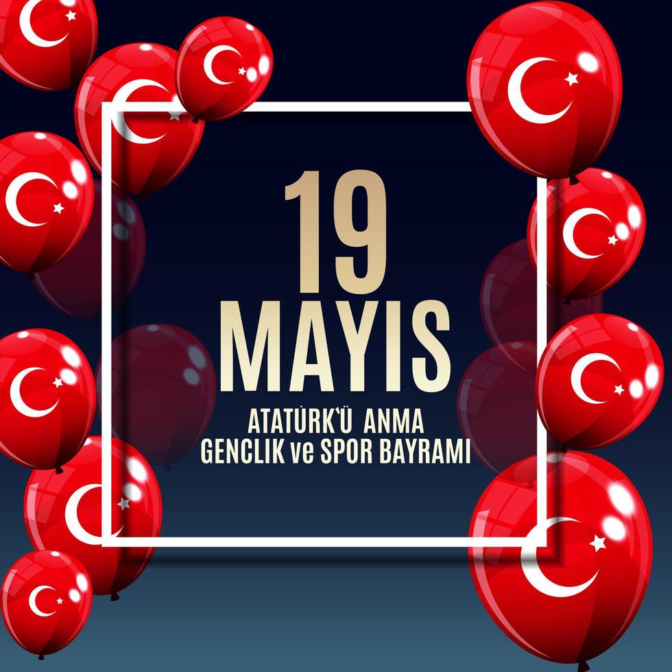 19th may commemoration of Ataturk, youth and sports day. Turkish Speak 19 mayis Ataturku anma, genclik ve spor bayrami. Turkish holiday greeting card. Vector Illustration