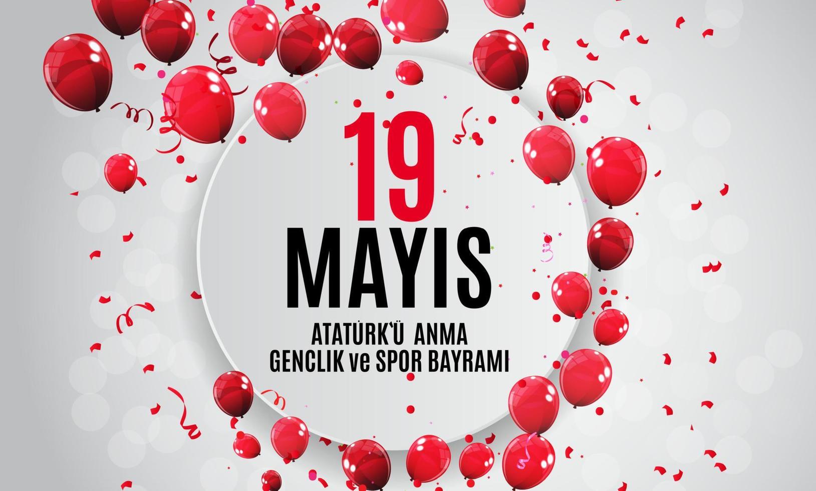 19th may commemoration of Ataturk, youth and sports day. Turkish Speak 19 mayis Ataturku anma, genclik ve spor bayrami. Turkish holiday greeting card. Vector Illustration