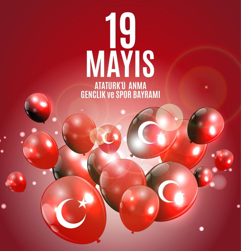 19th may commemoration of Ataturk, youth and sports day. Turkish Speak 19 mayis Ataturku anma, genclik ve spor bayrami. Turkish holiday greeting card. Vector Illustration