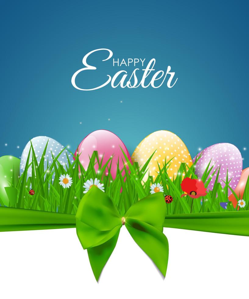 Happy Easter Natural Background with Eggs, grass, flower. Vector Illustration