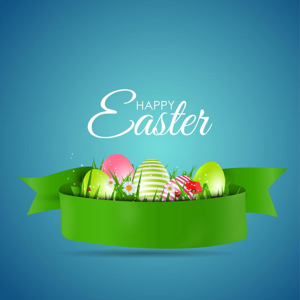 Happy Easter Natural Background with Eggs, grass, flower. Vector Illustration