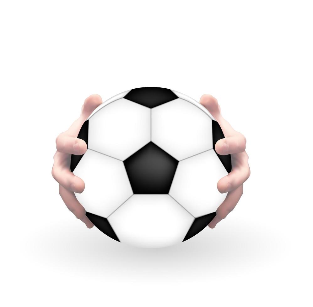 Naturalistic 3D model of football with hands of football player. Vector Illustration