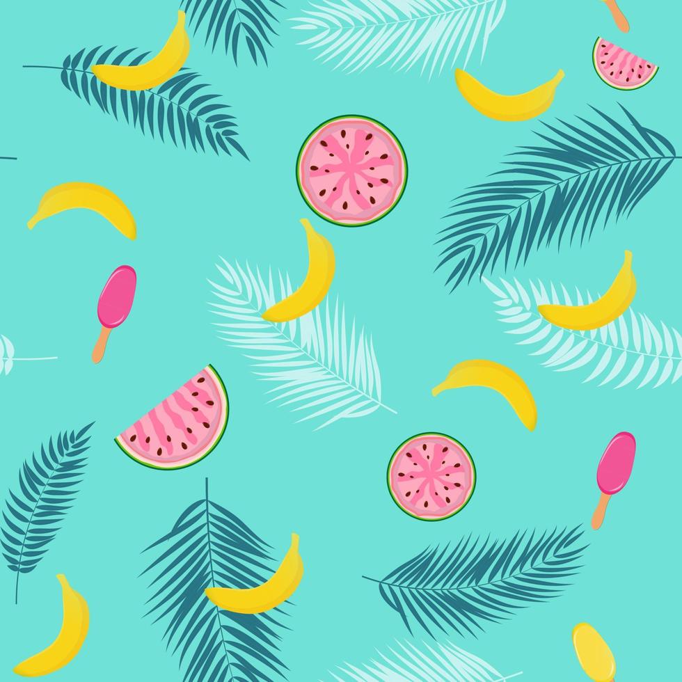 Beautifil Summer Seamless Pattern Background with Palm Tree Leaf Silhouette, Watermelon, Banana and Ice Cream. Vector Illustration