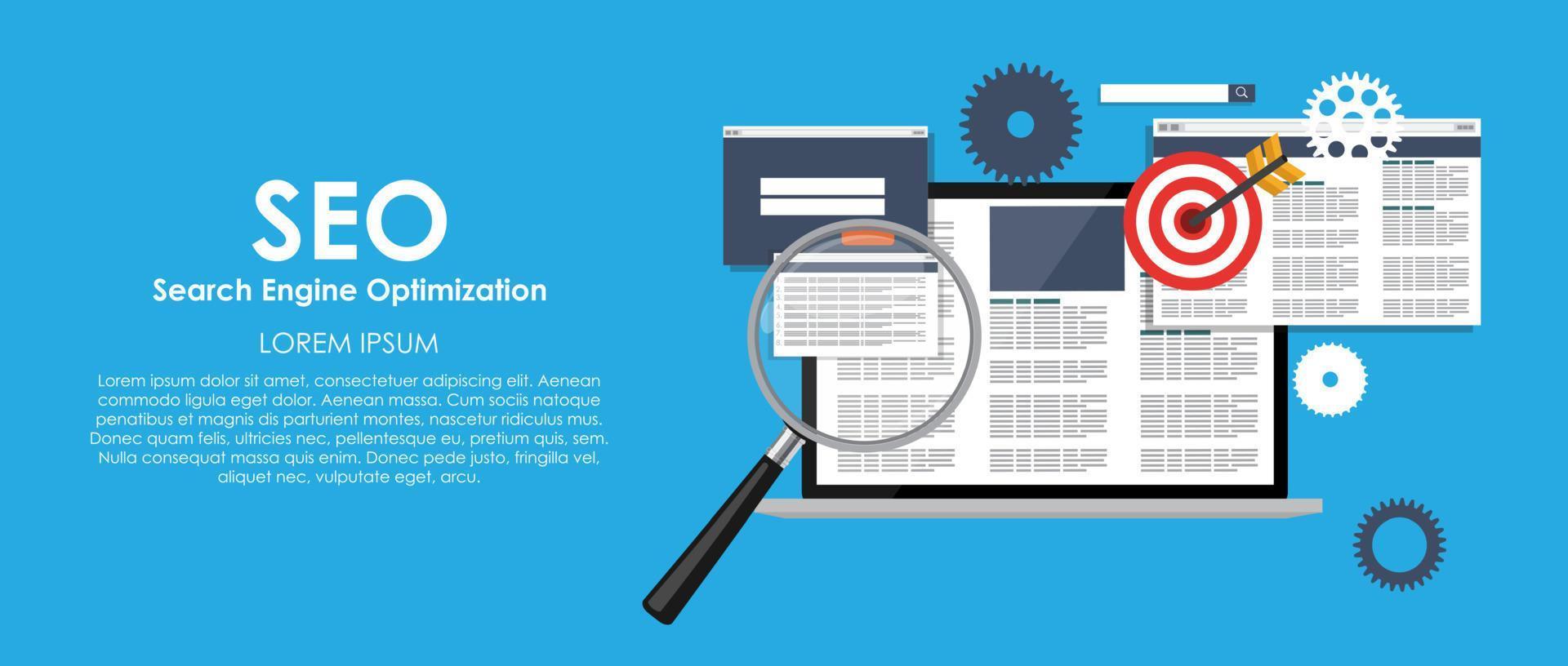 Ilustración de vector de optimización de motor de búsqueda de SEO. computi plano