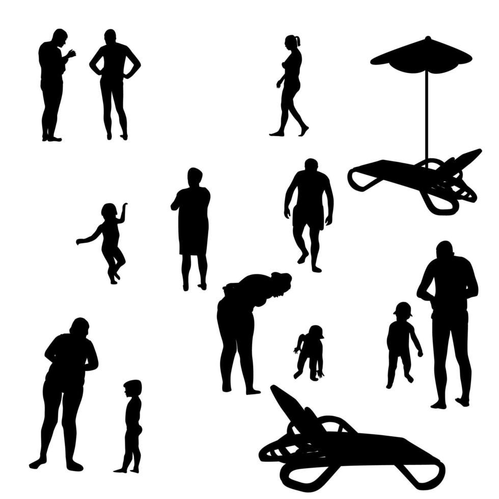 Set of Sunbathing and Playing People on Beach in Swimsuits. Vector Illustration.