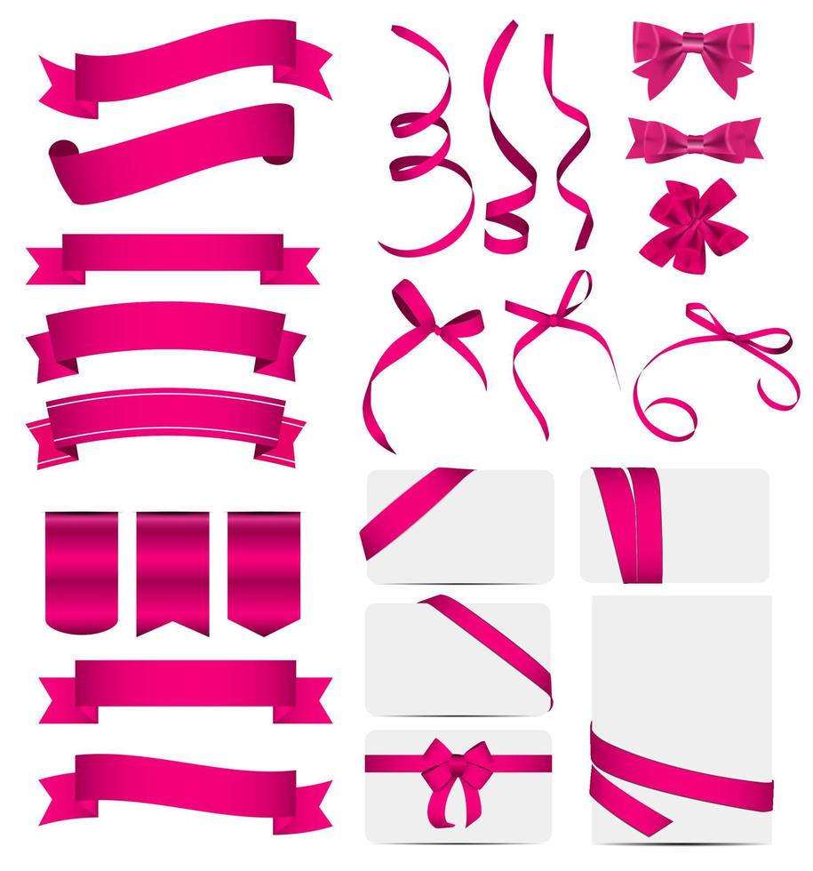 Pink Ribbon and Bow Set. Vector illustration