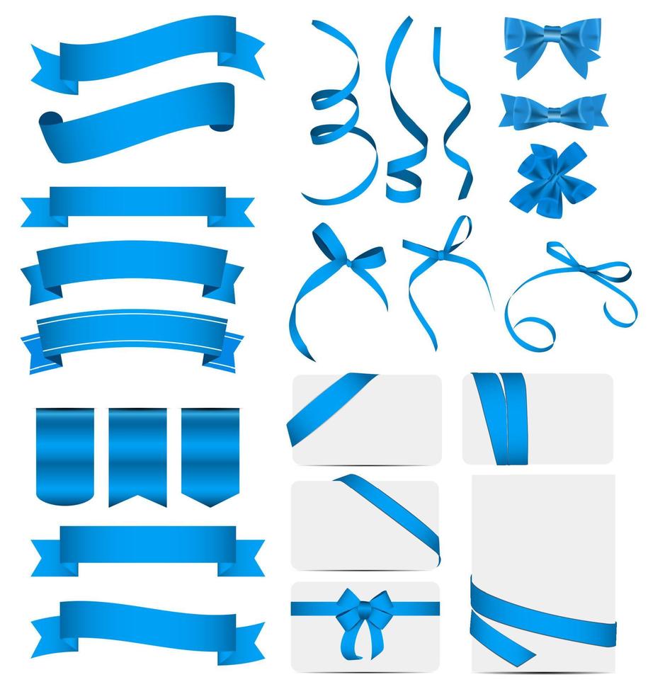 Blue Ribbon and Bow Set. Vector illustration