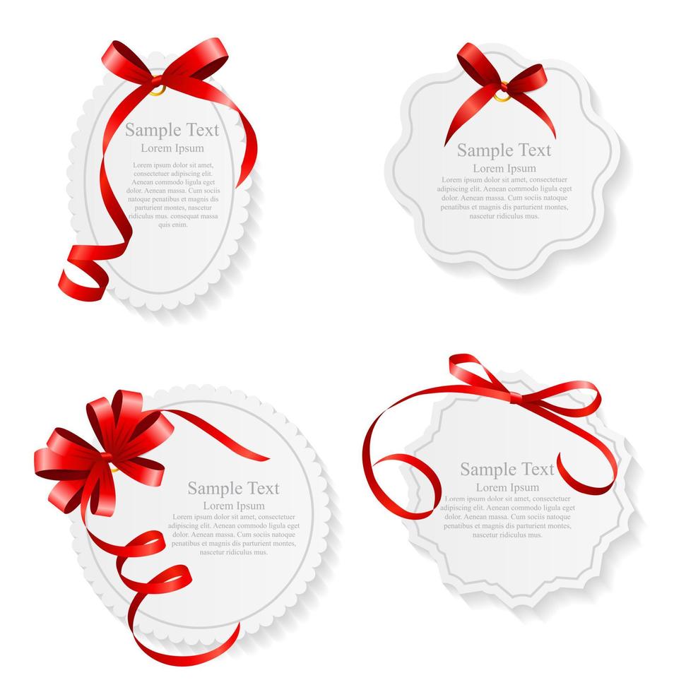 Card with Red Ribbon and Bow Set. Vector illustration