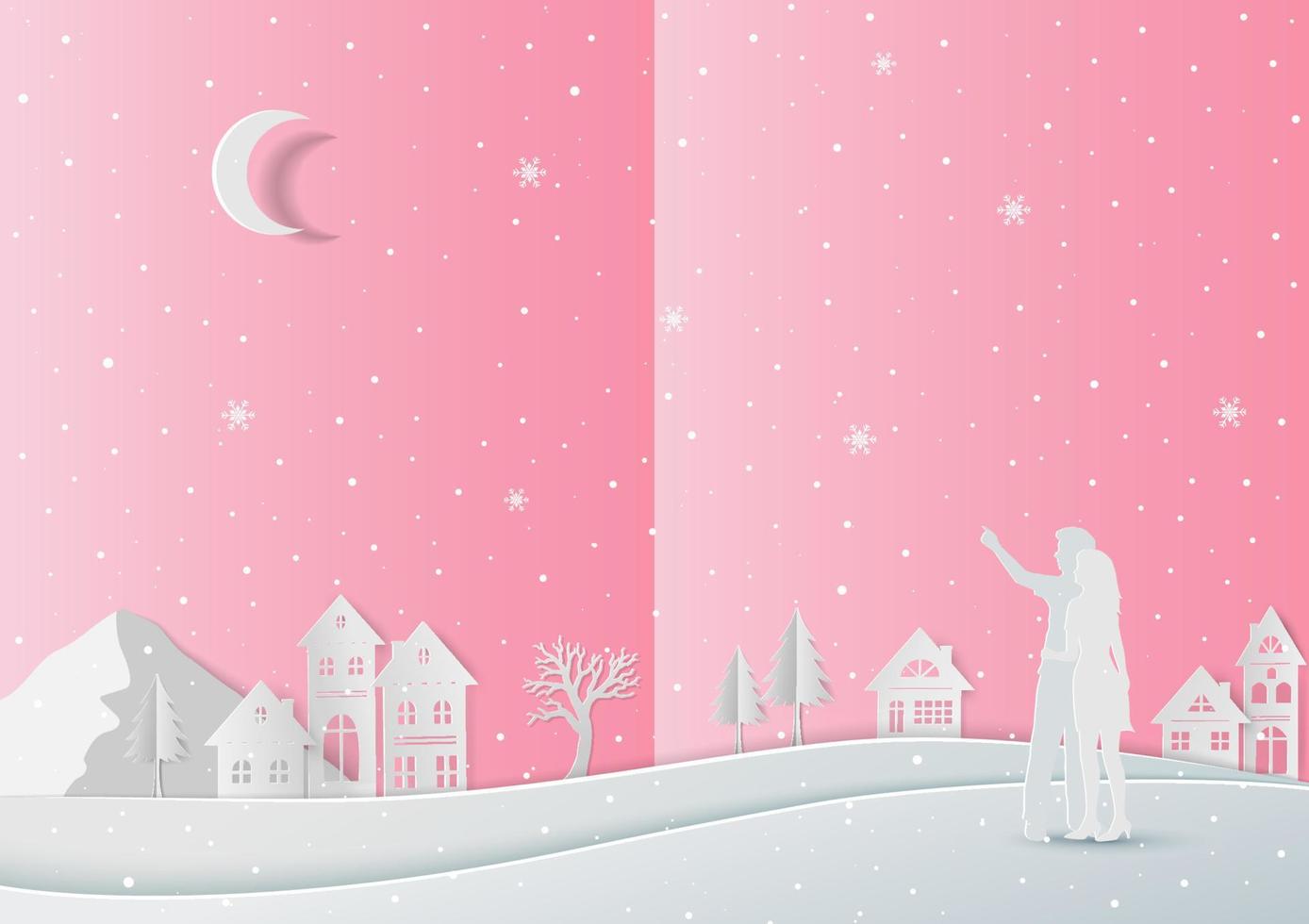 Love in winter concept with paper art on romance background vector