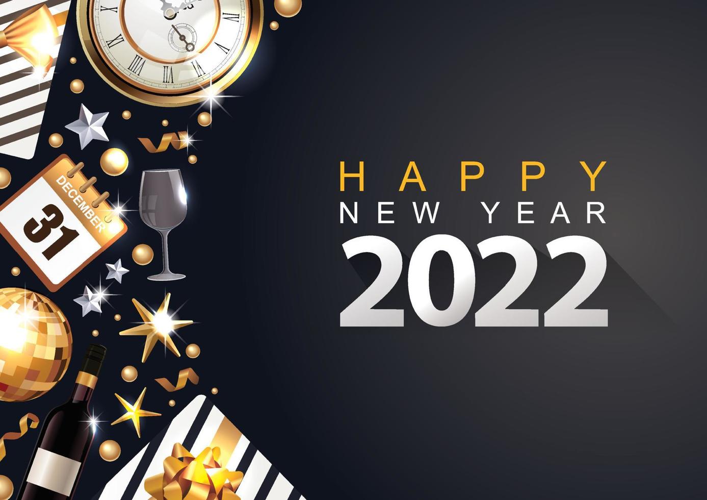 Happy New Year 2022. luxury background with gold glitter confetti and gift box, splatter texture. vector illustration