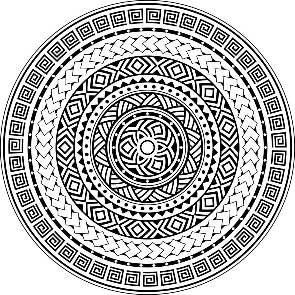 Polynesian geometric vector pattern mandala in Maori style, Hawaiian tribal background inspired by art traditional geometric art. background in black and white