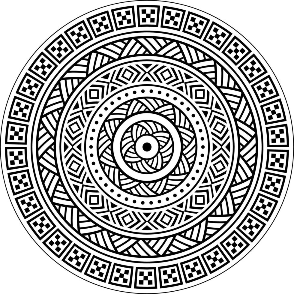 Tribal mandala, Polynesian Hawaiian tattoo style, boho tribal round pattern inspired by traditional geometric art. Bohemian mandala vector ornament in black and white, yoga decoration, wall art